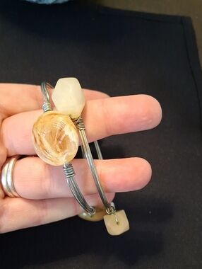 Handcrafted Beige Stone Wire Bangle Bracelet - Women Jewelry